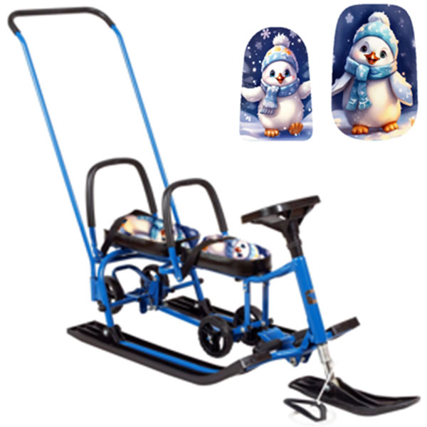 Снегокат 507 высокий SNOWKAT TWINS BABY Wheel для двоих, с 2 склад спинк. П-обр толкат. колёса Пингвинчики