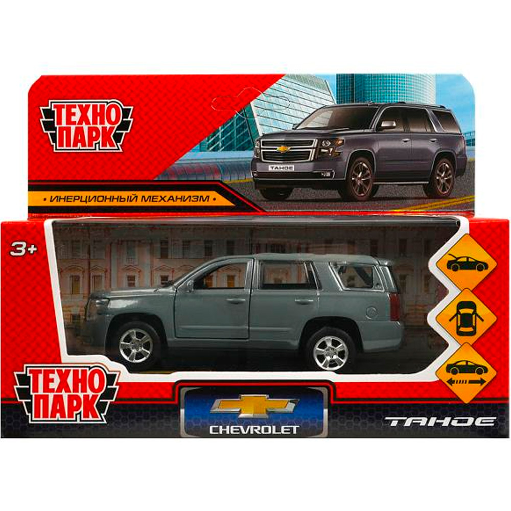 Модель TAHOE-12-GY CHEVROLET TAHOE 12 см, двери, багаж, инерц, темно серый Технопарк в коробке